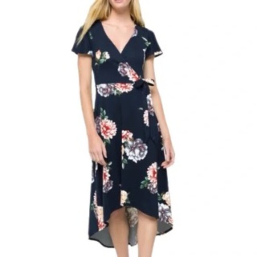 Fortune + Ivy Irene Faux Wrap High Lo Brushed Knit Midi Dress